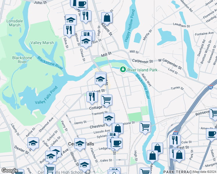 map of restaurants, bars, coffee shops, grocery stores, and more near in Central Falls
