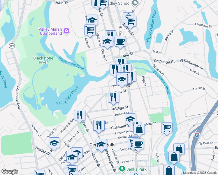map of restaurants, bars, coffee shops, grocery stores, and more near 189 Hunt Street in Central Falls
