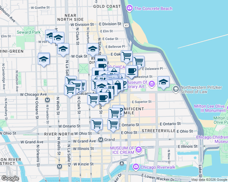 map of restaurants, bars, coffee shops, grocery stores, and more near 782 North Wabash Avenue in Chicago