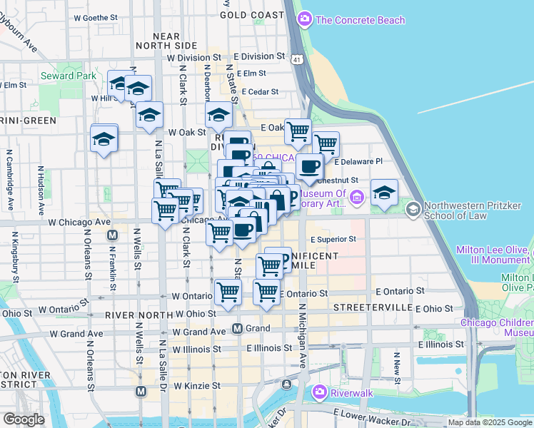 map of restaurants, bars, coffee shops, grocery stores, and more near 782 North Wabash Avenue in Chicago