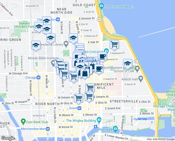 map of restaurants, bars, coffee shops, grocery stores, and more near 782 North Wabash Avenue in Chicago