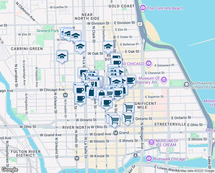 map of restaurants, bars, coffee shops, grocery stores, and more near in Chicago
