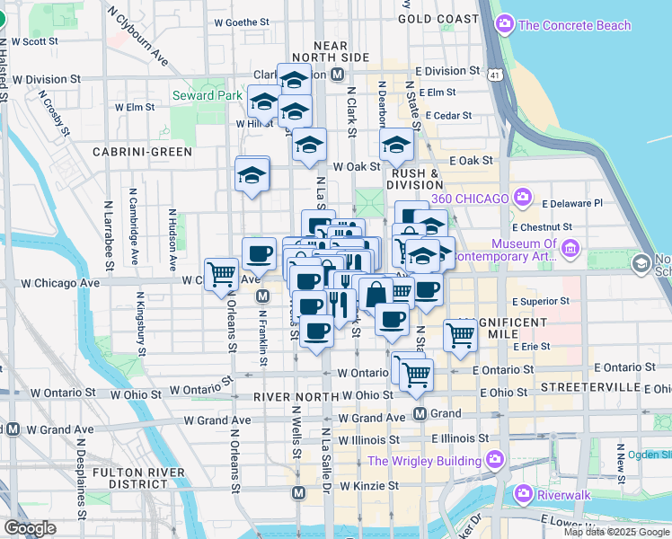 map of restaurants, bars, coffee shops, grocery stores, and more near in Chicago
