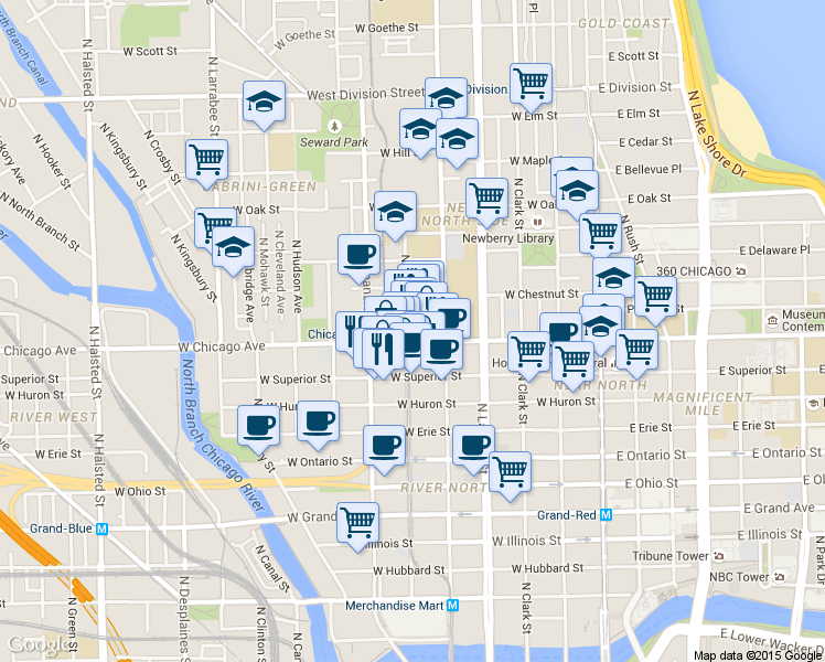 map of restaurants, bars, coffee shops, grocery stores, and more near 324 West Chicago Avenue in Chicago