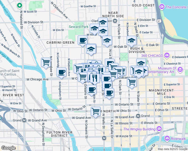 map of restaurants, bars, coffee shops, grocery stores, and more near 324 West Chicago Avenue in Chicago