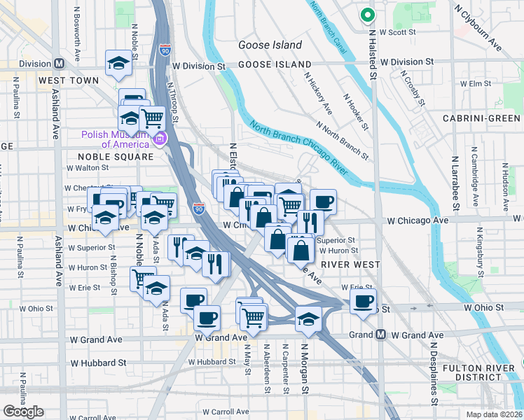 map of restaurants, bars, coffee shops, grocery stores, and more near 805 North Milwaukee Avenue in Chicago