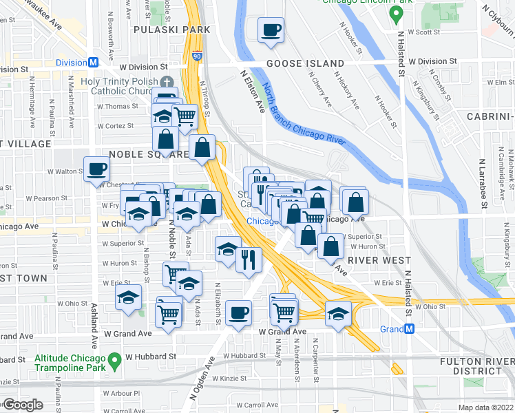 map of restaurants, bars, coffee shops, grocery stores, and more near 1148 West Chicago Avenue in Chicago