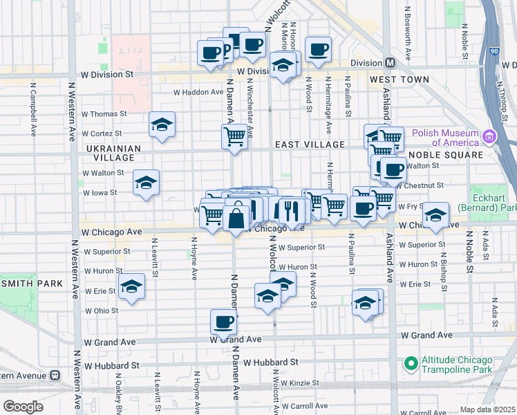 map of restaurants, bars, coffee shops, grocery stores, and more near 820 North Wolcott Avenue in Chicago