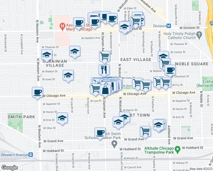map of restaurants, bars, coffee shops, grocery stores, and more near 818 North Winchester Avenue in Chicago