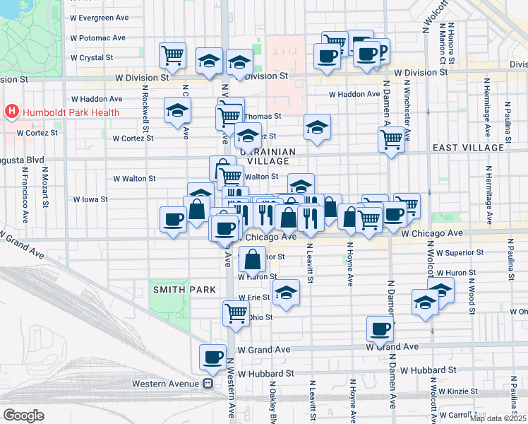 map of restaurants, bars, coffee shops, grocery stores, and more near 821 North Oakley Boulevard in Chicago