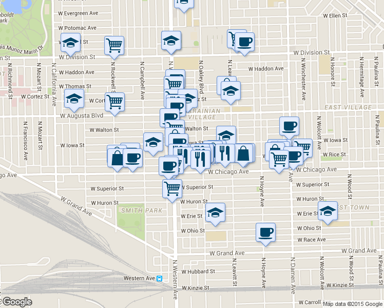 map of restaurants, bars, coffee shops, grocery stores, and more near 2327 West Rice Street in Chicago