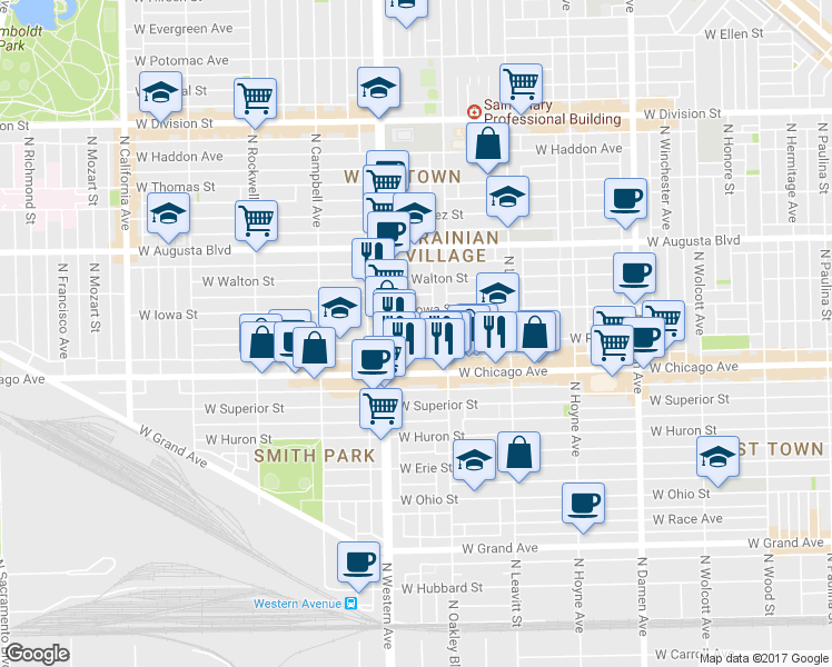 map of restaurants, bars, coffee shops, grocery stores, and more near 2327 West Rice Street in Chicago