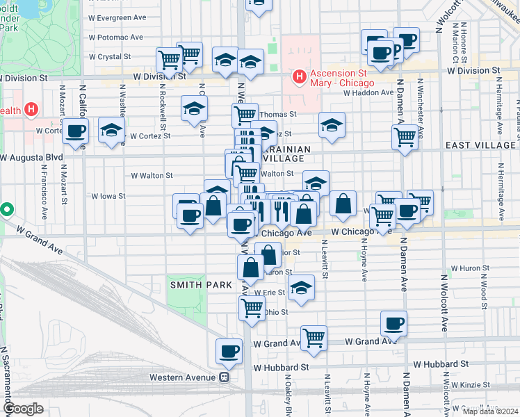 map of restaurants, bars, coffee shops, grocery stores, and more near 2327 West Rice Street in Chicago