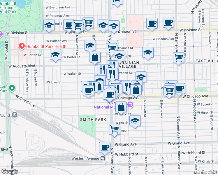 map of restaurants, bars, coffee shops, grocery stores, and more near 826 North Western Avenue in Chicago