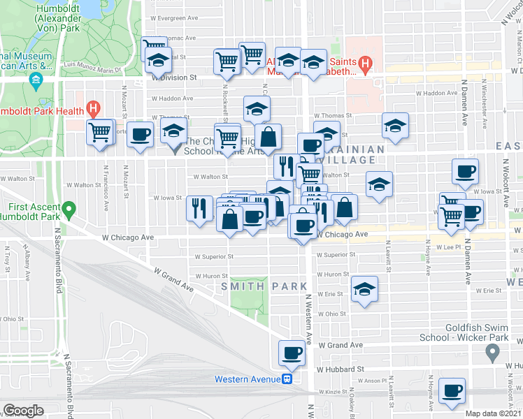 map of restaurants, bars, coffee shops, grocery stores, and more near 825 North Maplewood Avenue in Chicago