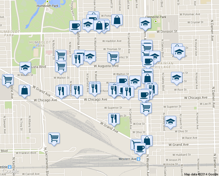 map of restaurants, bars, coffee shops, grocery stores, and more near 2629 West Rice Street in Chicago
