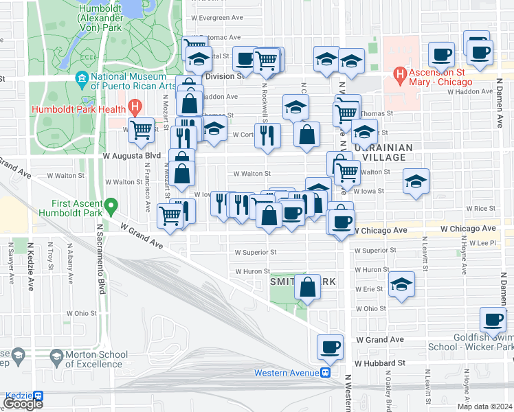 map of restaurants, bars, coffee shops, grocery stores, and more near 2629 West Rice Street in Chicago