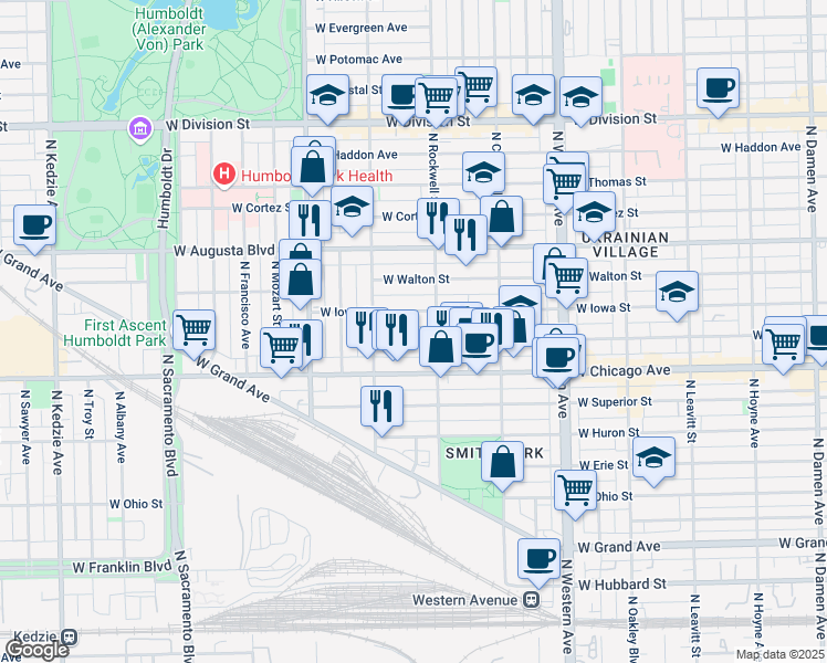 map of restaurants, bars, coffee shops, grocery stores, and more near 2629 West Rice Street in Chicago