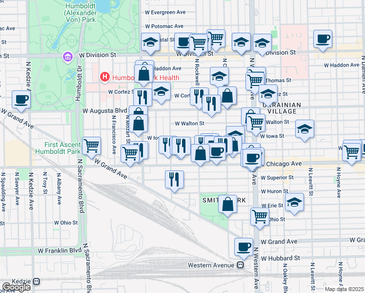 map of restaurants, bars, coffee shops, grocery stores, and more near 2629 West Rice Street in Chicago