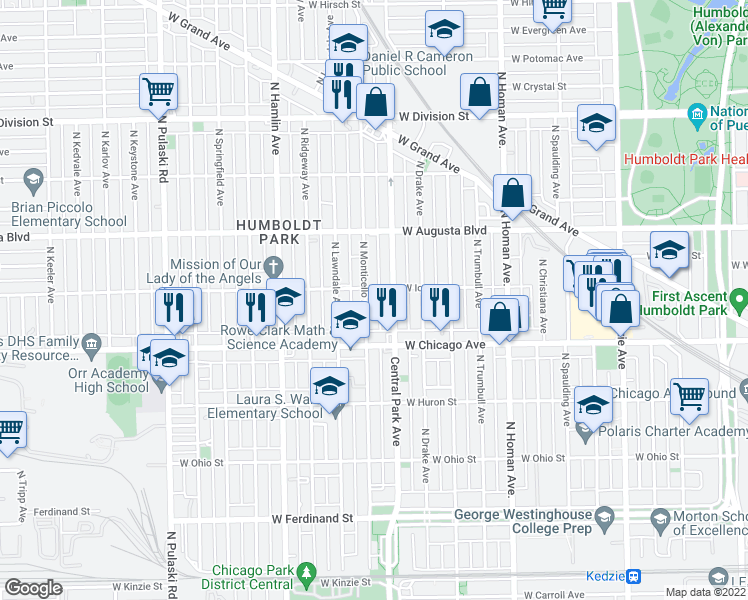 map of restaurants, bars, coffee shops, grocery stores, and more near 833 North Monticello Avenue in Chicago