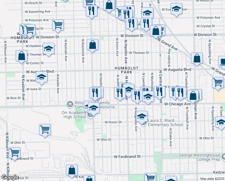 map of restaurants, bars, coffee shops, grocery stores, and more near 832 North Avers Avenue in Chicago