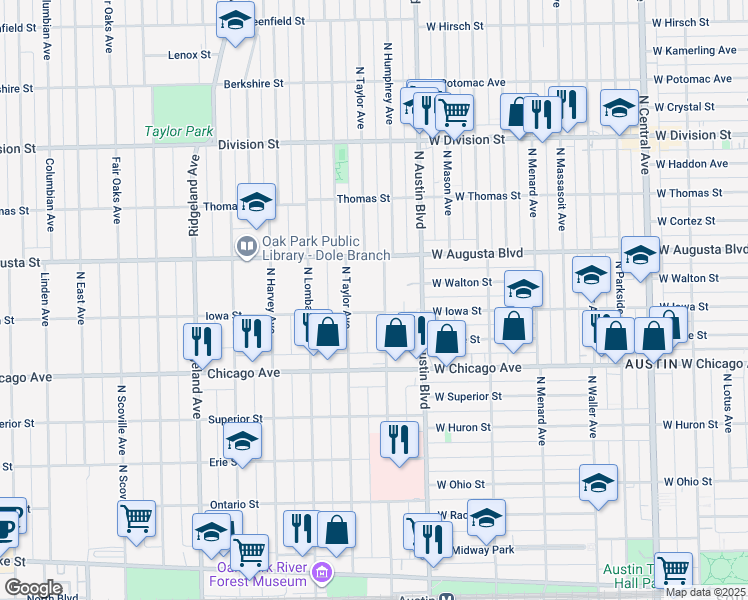 map of restaurants, bars, coffee shops, grocery stores, and more near 601 North Humphrey Avenue in Oak Park