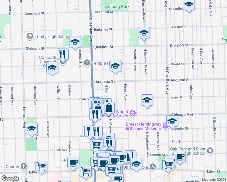 map of restaurants, bars, coffee shops, grocery stores, and more near 611 Belleforte Avenue in Oak Park