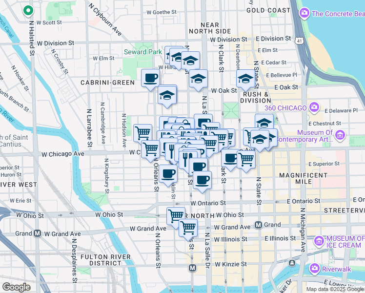 map of restaurants, bars, coffee shops, grocery stores, and more near 201 West Chicago Avenue in Chicago