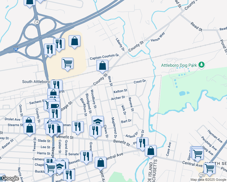map of restaurants, bars, coffee shops, grocery stores, and more near 157 Maplecrest Drive in Pawtucket