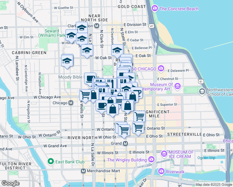 map of restaurants, bars, coffee shops, grocery stores, and more near 30 West Chicago Avenue in Chicago