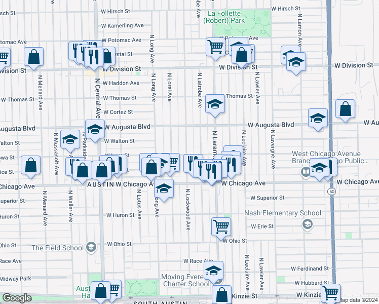 map of restaurants, bars, coffee shops, grocery stores, and more near 903 North Lockwood Avenue in Chicago