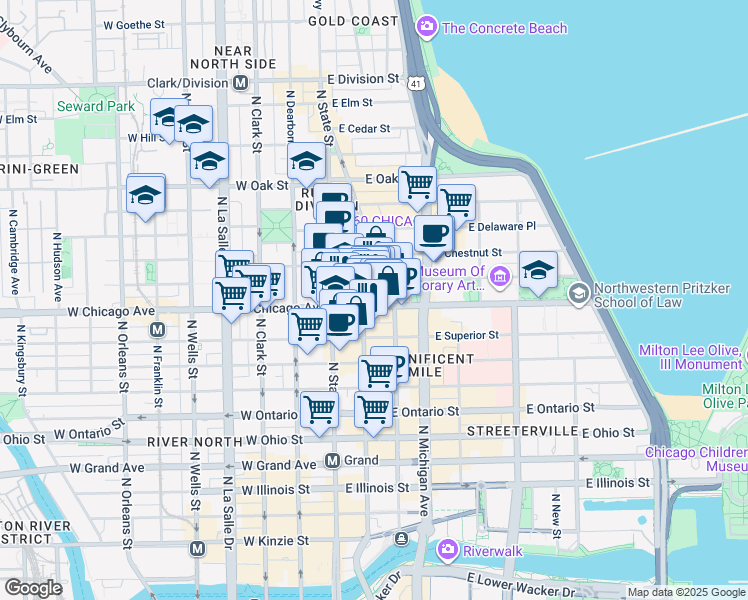 map of restaurants, bars, coffee shops, grocery stores, and more near 782 North Wabash Avenue in Chicago