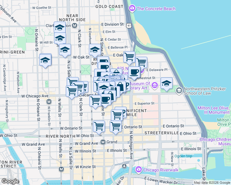map of restaurants, bars, coffee shops, grocery stores, and more near 46 East Chicago Avenue in Chicago