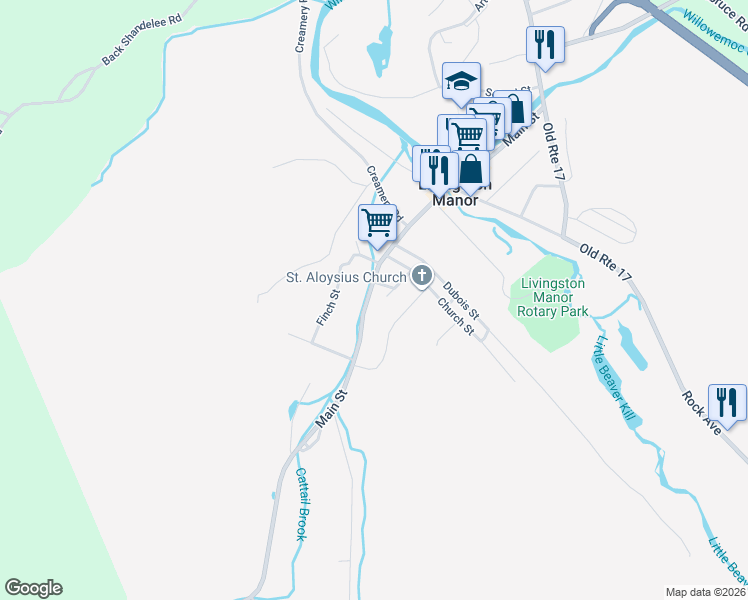 map of restaurants, bars, coffee shops, grocery stores, and more near 240 Main Street in Livingston Manor
