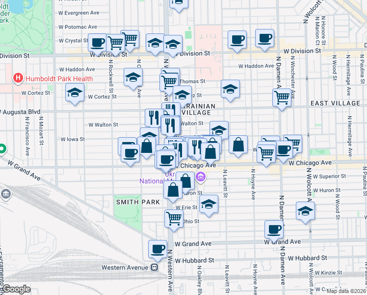 map of restaurants, bars, coffee shops, grocery stores, and more near 2327 West Rice Street in Chicago