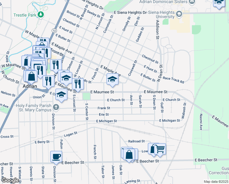 map of restaurants, bars, coffee shops, grocery stores, and more near 801 East Maumee Street in Adrian