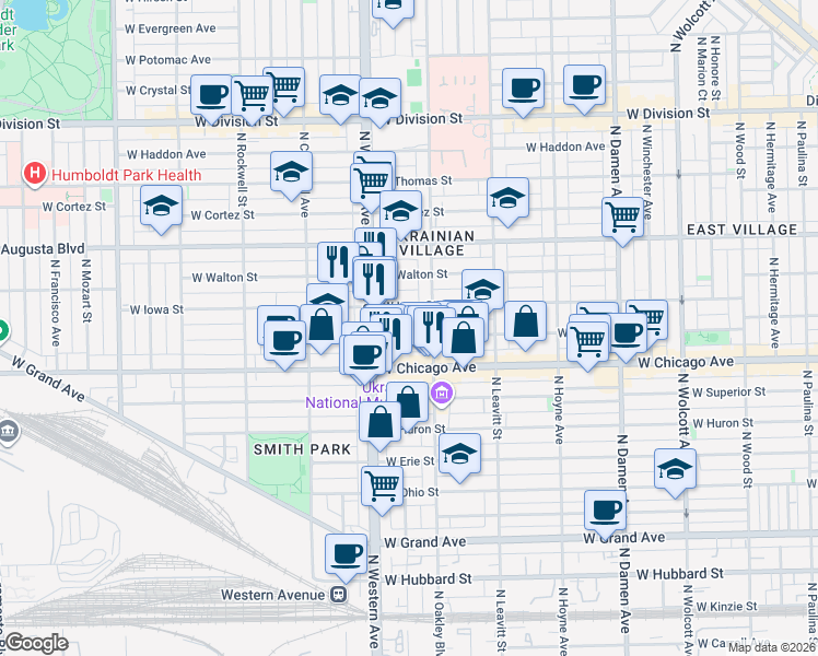 map of restaurants, bars, coffee shops, grocery stores, and more near 2322 West Rice Street in Chicago