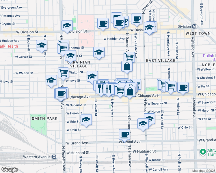 map of restaurants, bars, coffee shops, grocery stores, and more near 819 North Hoyne Avenue in Chicago