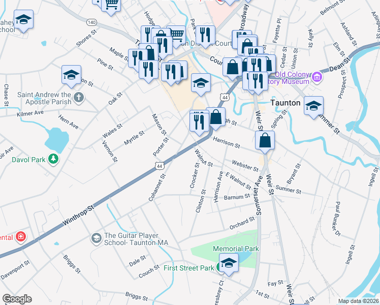 map of restaurants, bars, coffee shops, grocery stores, and more near 88 Winthrop Street in Taunton