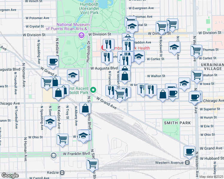 map of restaurants, bars, coffee shops, grocery stores, and more near 843 North Francisco Avenue in Chicago