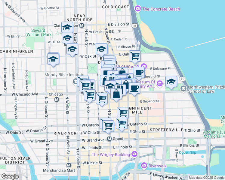 map of restaurants, bars, coffee shops, grocery stores, and more near 10 East Chicago Avenue in Chicago