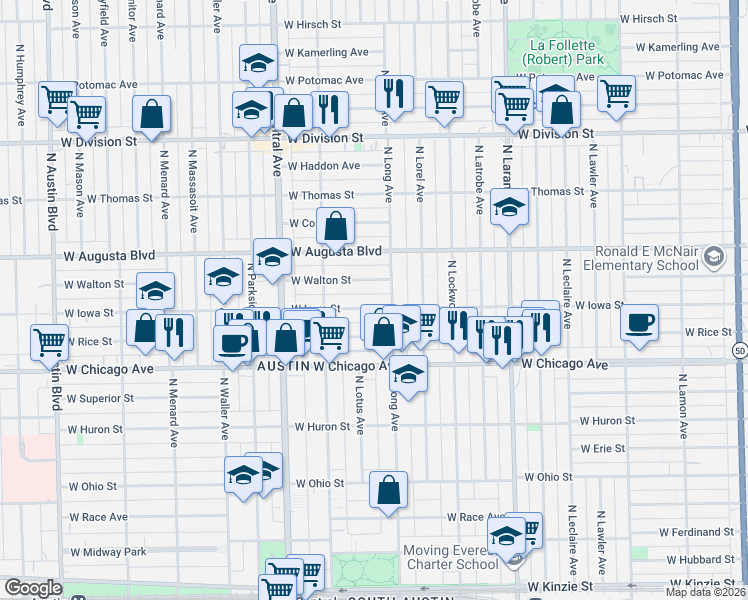 map of restaurants, bars, coffee shops, grocery stores, and more near 5433 West Iowa Street in Chicago