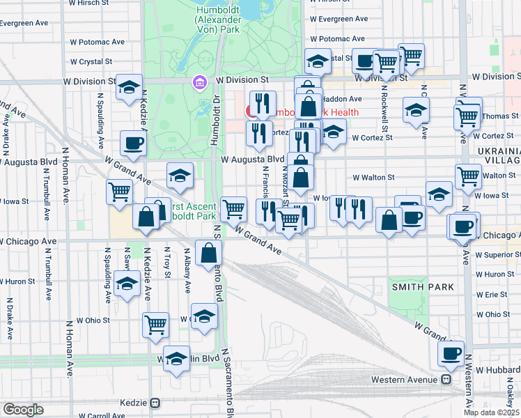 map of restaurants, bars, coffee shops, grocery stores, and more near 844 North Francisco Avenue in Chicago