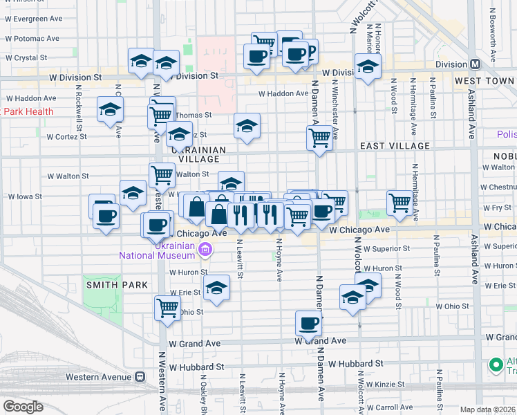 map of restaurants, bars, coffee shops, grocery stores, and more near 2130 West Rice Street in Chicago