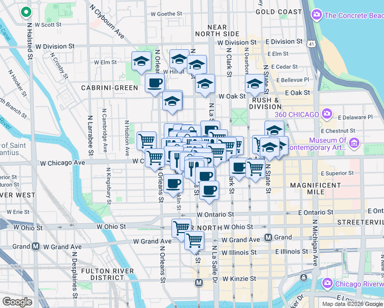map of restaurants, bars, coffee shops, grocery stores, and more near 201 West Chicago Avenue in Chicago