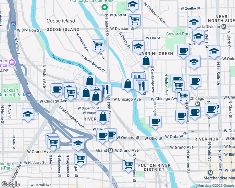 map of restaurants, bars, coffee shops, grocery stores, and more near in Chicago