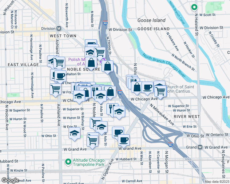 map of restaurants, bars, coffee shops, grocery stores, and more near West Fry Street in Chicago