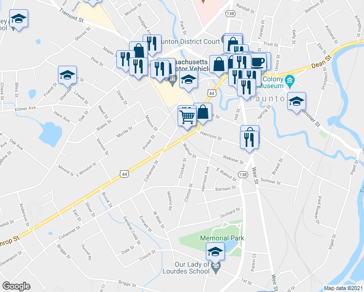 map of restaurants, bars, coffee shops, grocery stores, and more near 74 Winthrop Street in Taunton