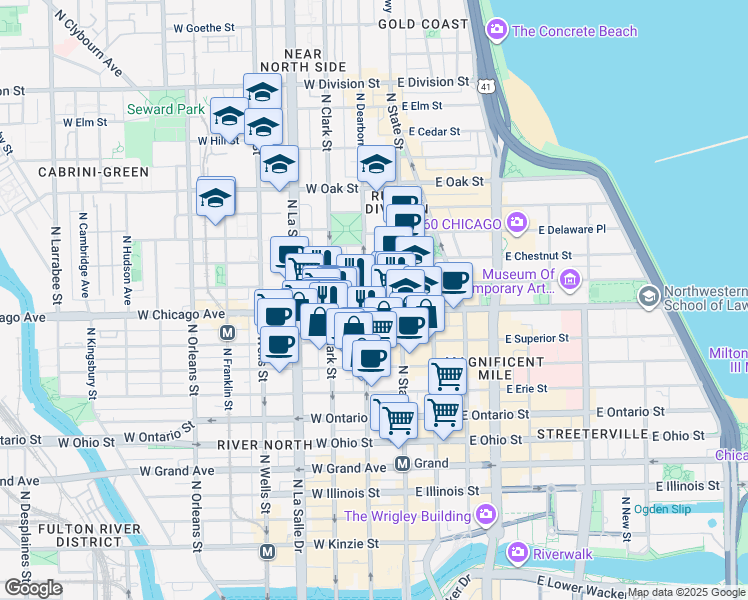 map of restaurants, bars, coffee shops, grocery stores, and more near in Chicago