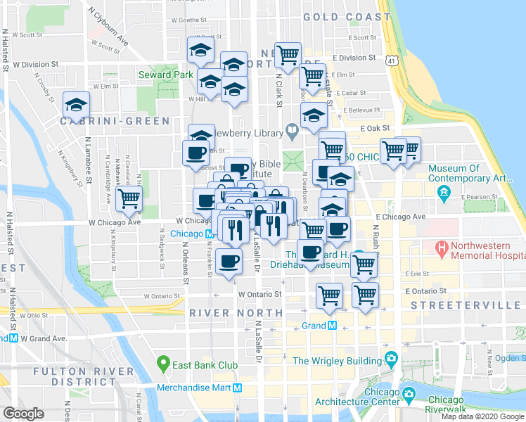map of restaurants, bars, coffee shops, grocery stores, and more near in Chicago